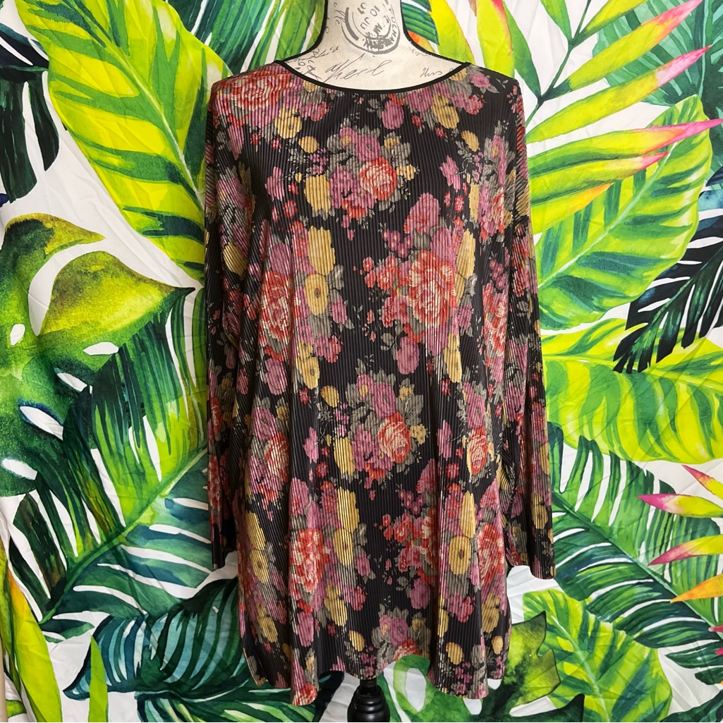 Y2k The Limited M-Xl Black Pink Red Pleated Floral Oversized Tunic Blouse